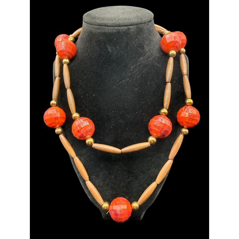 Bold Orange Bead and Wood Double Strand Long Station Necklace - Picture 3 of 5
